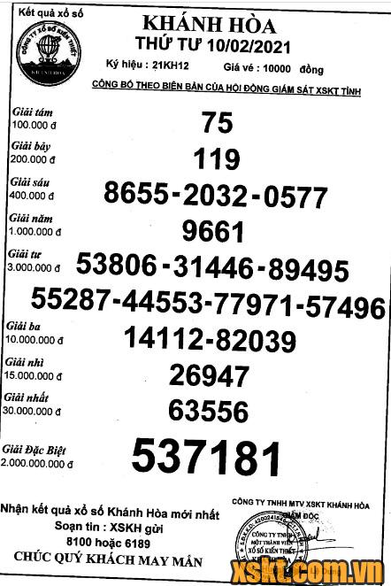 XSKH ngày 10/2/2021