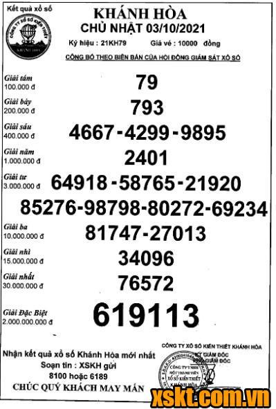 XSKH ngày 3/10/2021