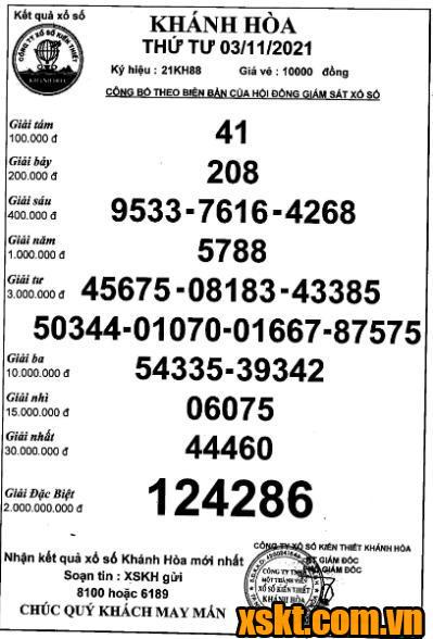 XSKH ngày 3/11/2021