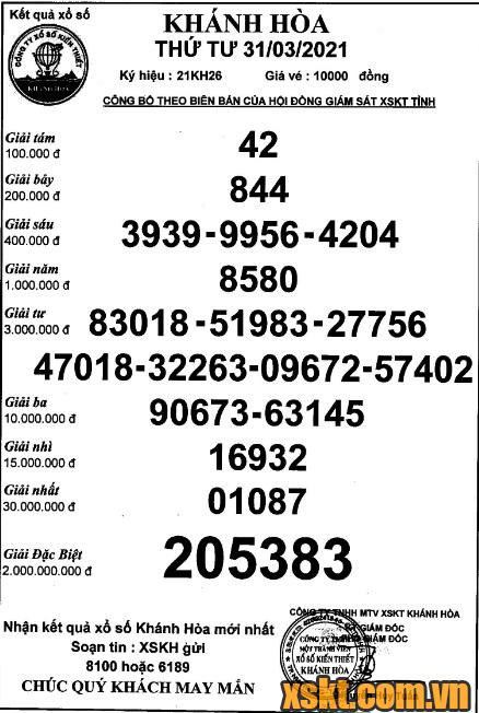 XSKH ngày 31/3/2021
