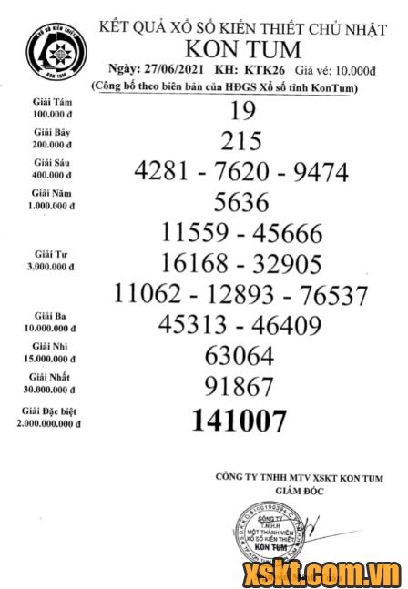 XSKT ngày 27/6/2021