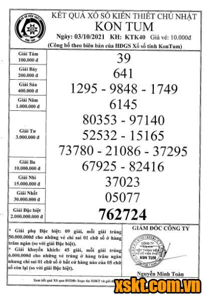 XSKT ngày 3/10/2021