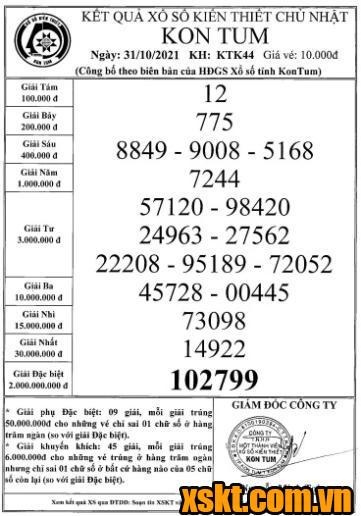 XSKT ngày 31/10/2021