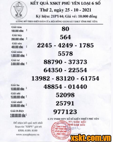 XSPY ngày 25/10/2021