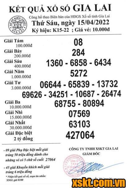 XSGL ngày 15/4/2022