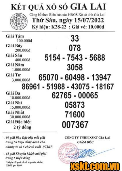XSGL ngày 15/7/2022