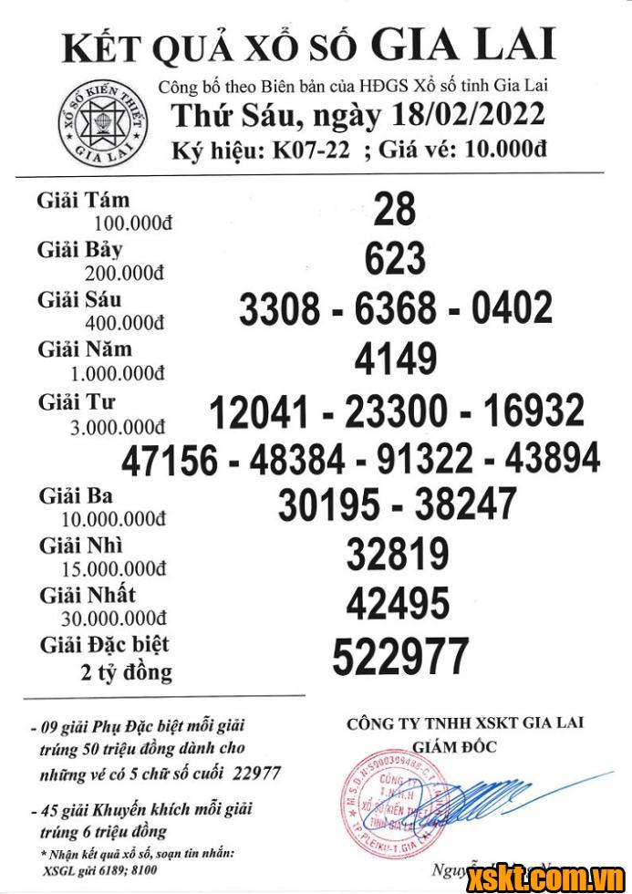 XSGL ngày 18/2/2022