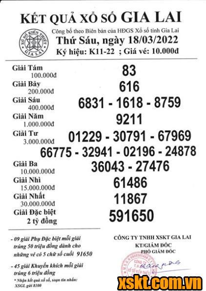 XSGL ngày 18/3/2022