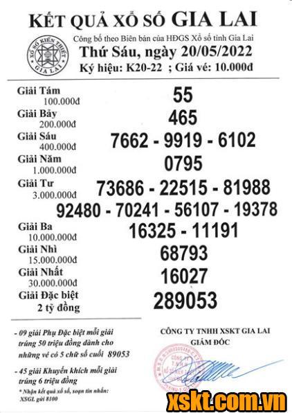 XSGL ngày 20/5/2022