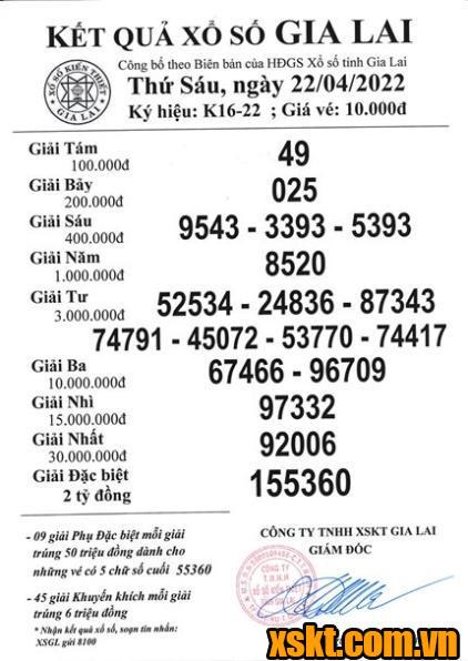 XSGL ngày 22/4/2022