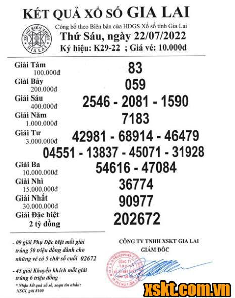 XSGL ngày 22/7/2022