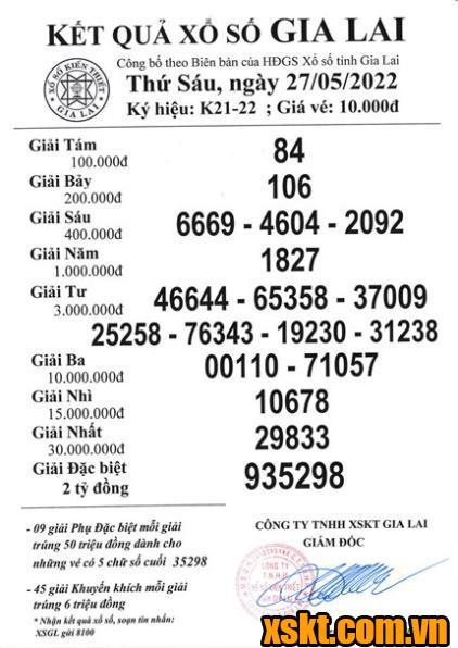 XSGL ngày 27/5/2022