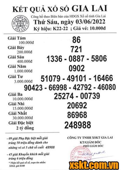 XSGL ngày 3/6/2022
