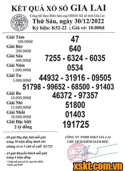 XSGL ngày 30/12/2022