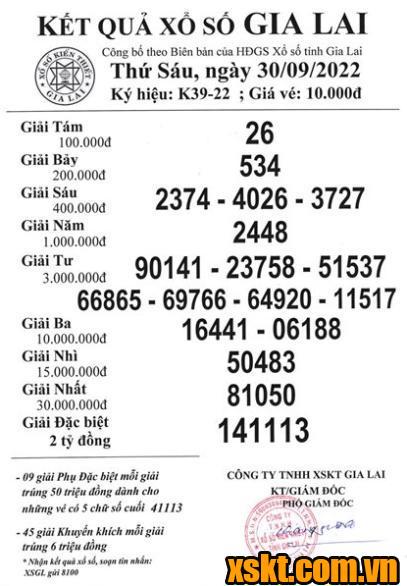 XSGL ngày 30/9/2022