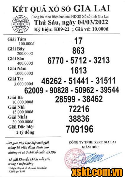 XSGL ngày 4/3/2022