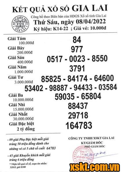 XSGL ngày 8/4/2022