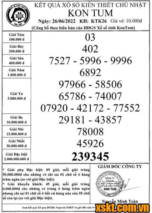 XSKT ngày 26/6/2022
