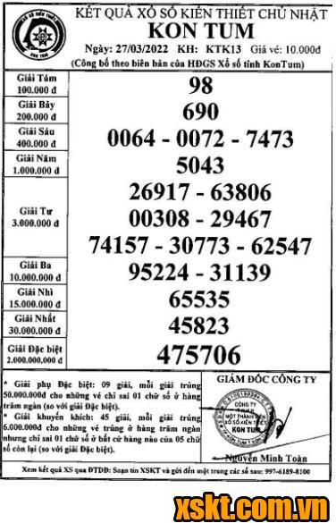 XSKT ngày 27/3/2022
