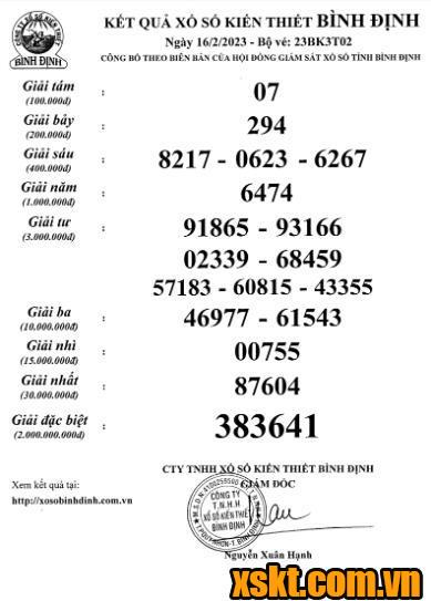 XSBDI ngày 16/2/2023