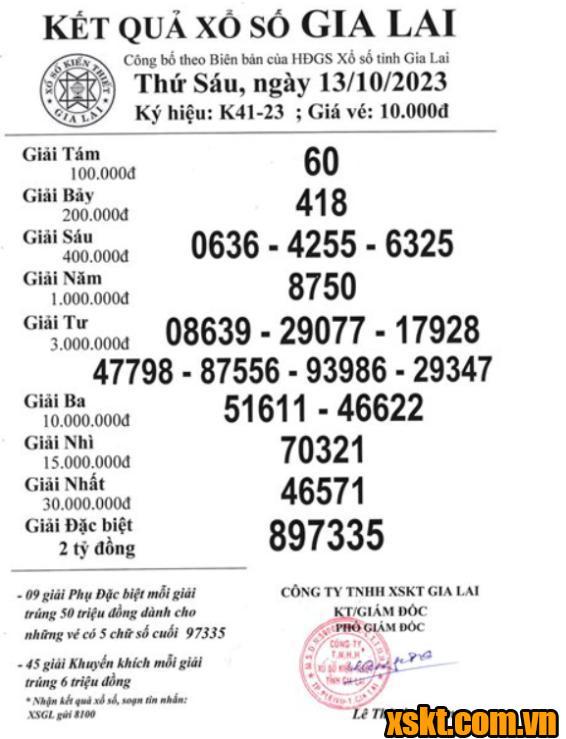 XSGL ngày 13/10/2023