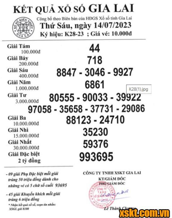 XSGL ngày 14/7/2023