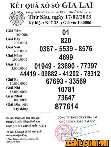 XSGL ngày 17/2/2023