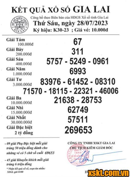 XSGL ngày 28/7/2023