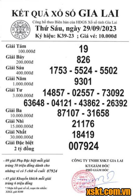 XSGL ngày 29/9/2023