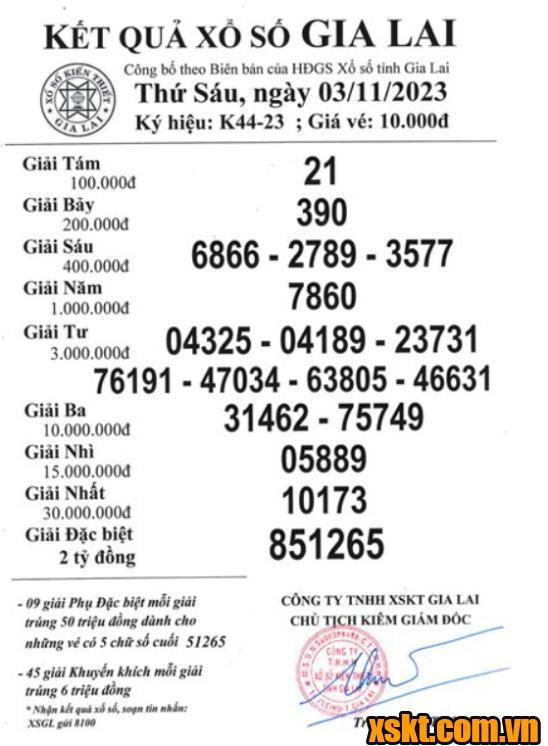 XSGL ngày 3/11/2023