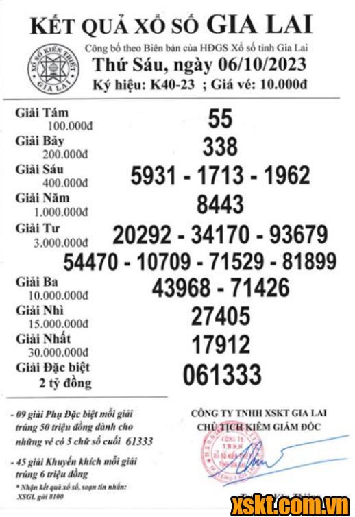 XSGL ngày 6/10/2023