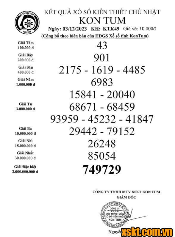 XSKT ngày 3/12/2023