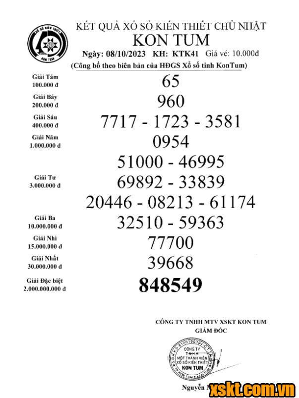XSKT ngày 8/10/2023