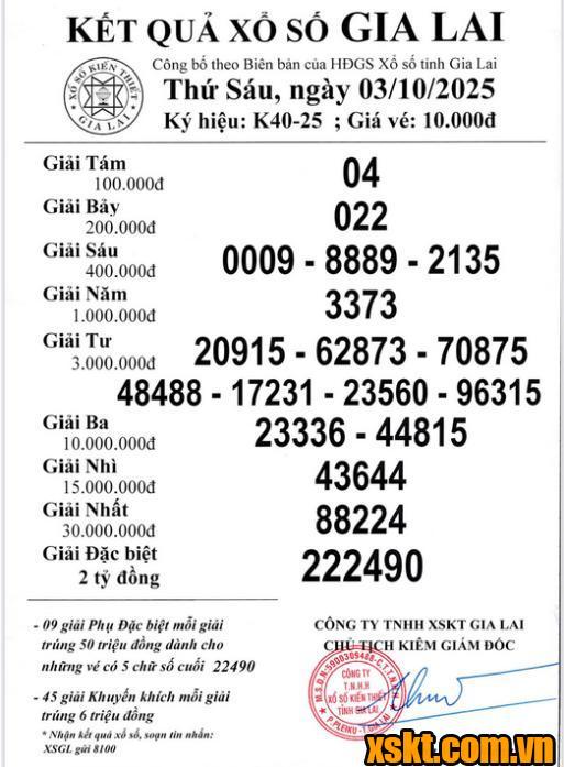 XSGL ngày 3/10/2025