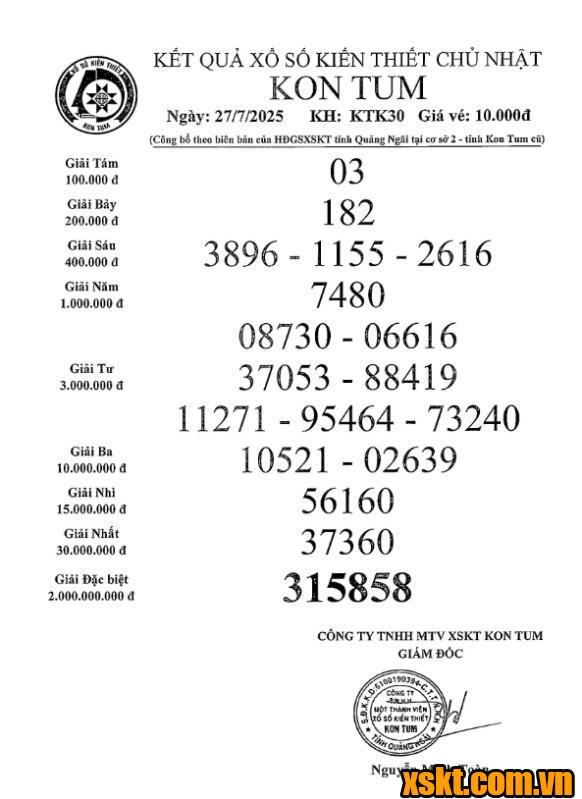 XSKT ngày 27/7/2025