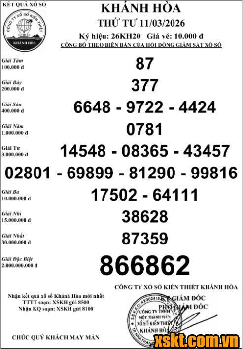 XSKH ngày 11/3/2026