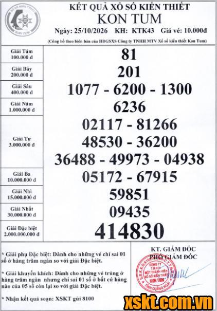 XSKT ngày 25/10/2026