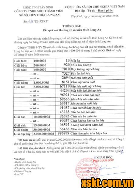 XSLA ngày 26/9/2026