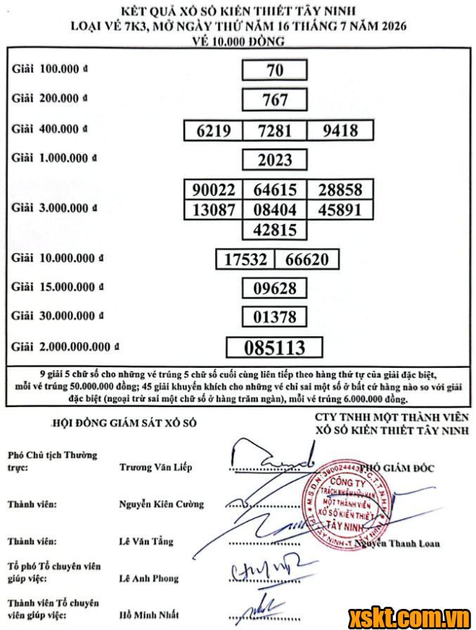 XSTN ngày 16/7/2026