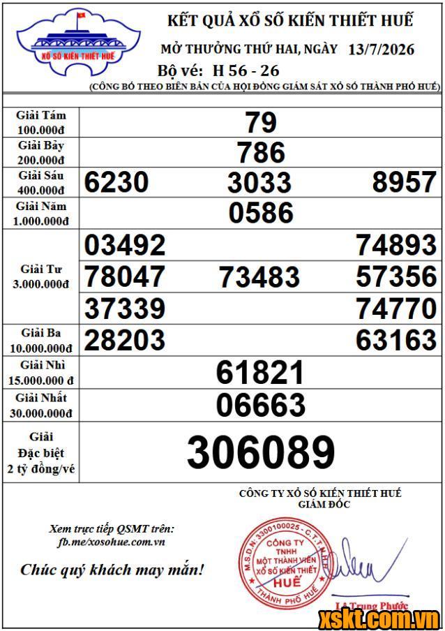 XSTTH ngày 13/7/2026