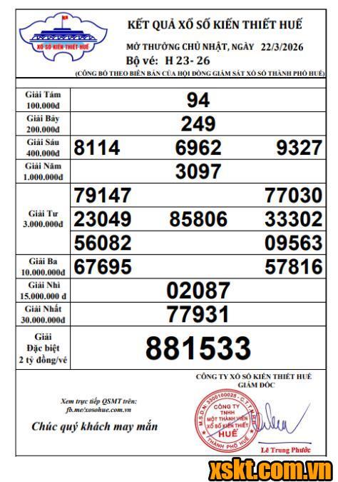 XSTTH ngày 22/3/2026