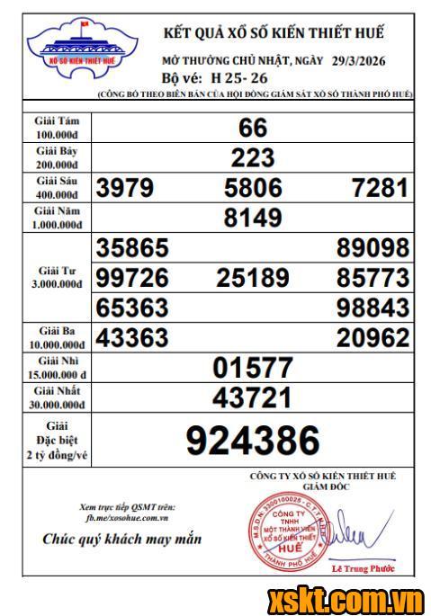 XSTTH ngày 29/3/2026
