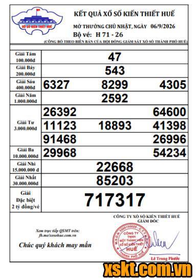 XSTTH ngày 6/9/2026